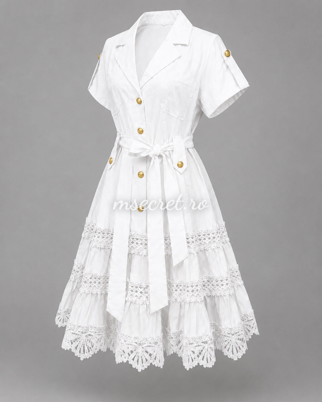 White shirt dress with waist tie and lace inserts