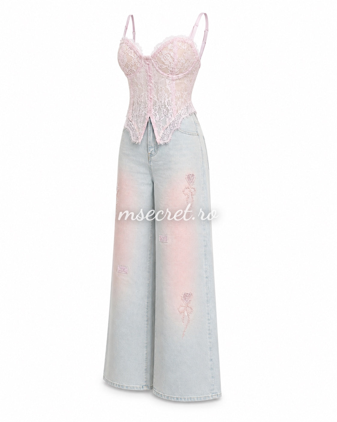 Blugi wide leg cu strasuri si insertii roz decorative