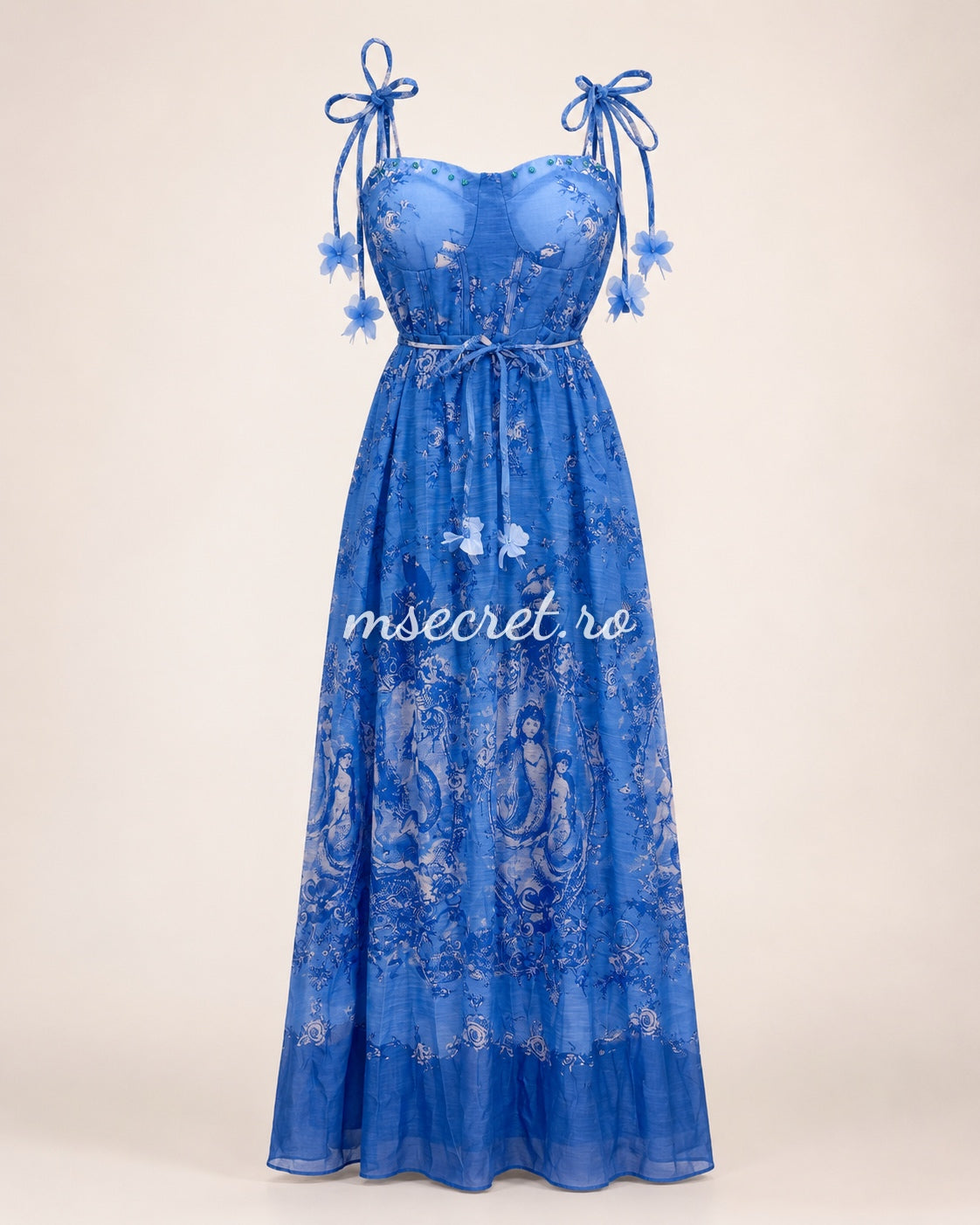 Blue long linen dress with corset and adjustable straps