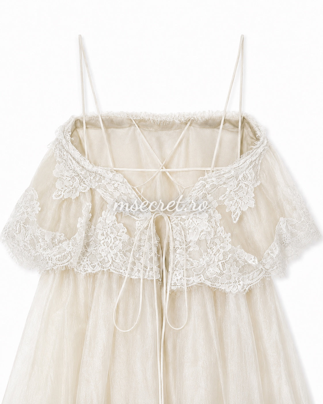 Long beige dress with ruffles and romantic lace