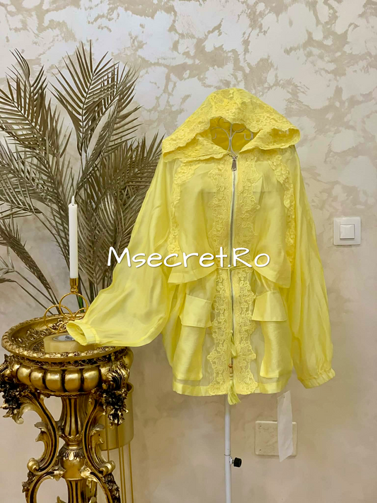 Yellow chiffon jacket with hood
