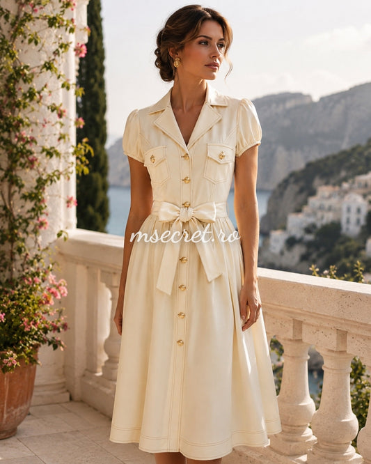 Rochie midi ivory din denim cu nasturi aurii