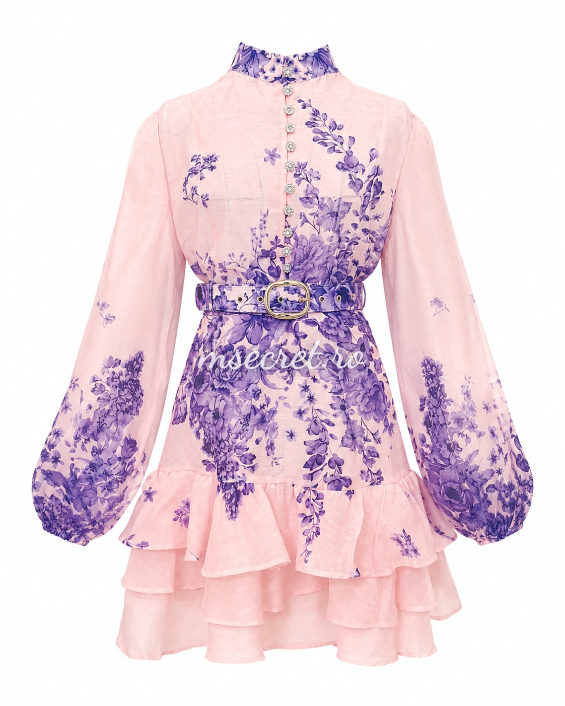 Powder pink linen dress with purple floral print