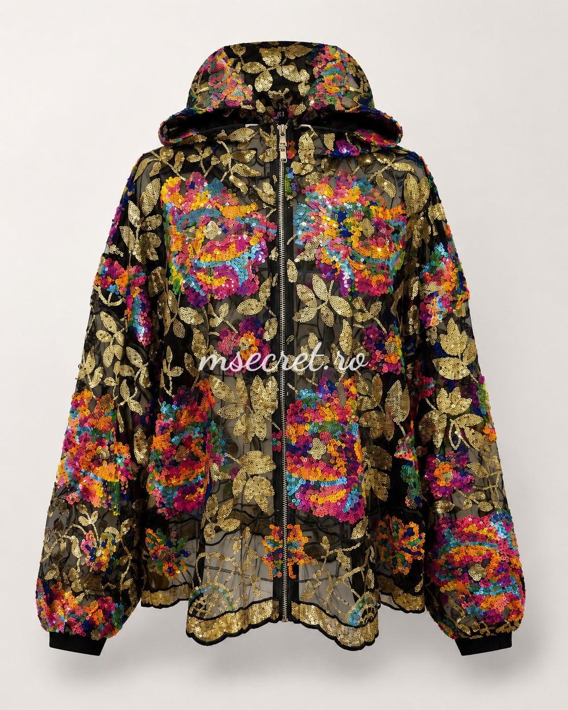Jacheta neagra din dantela cu paiete multicolore