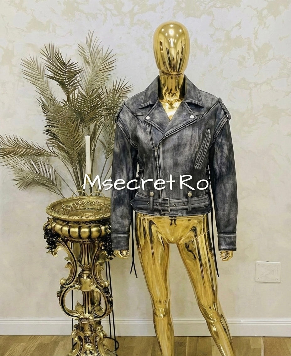 Premium gray genuine leather biker jacket, vintage effect