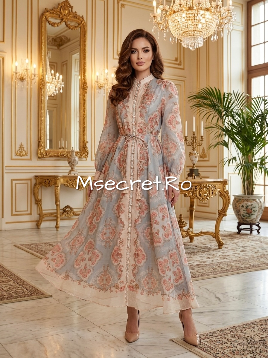 Long linen dress with floral print and appliqués