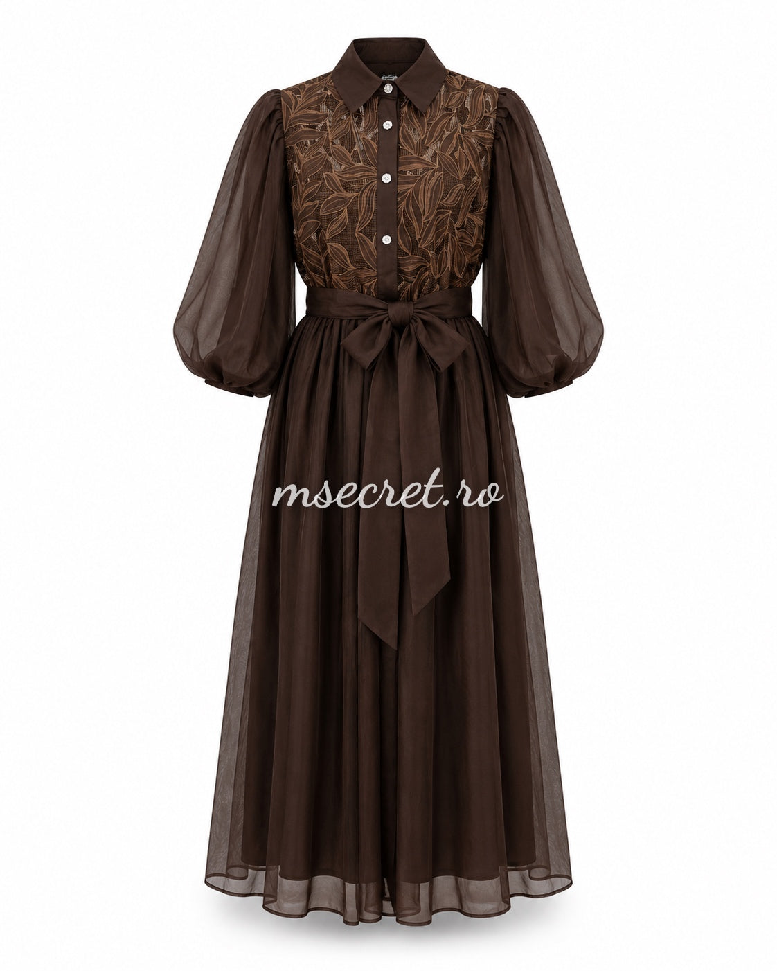 Rochie maro elegantă din voal cu broderie florală și mâneci bufante
