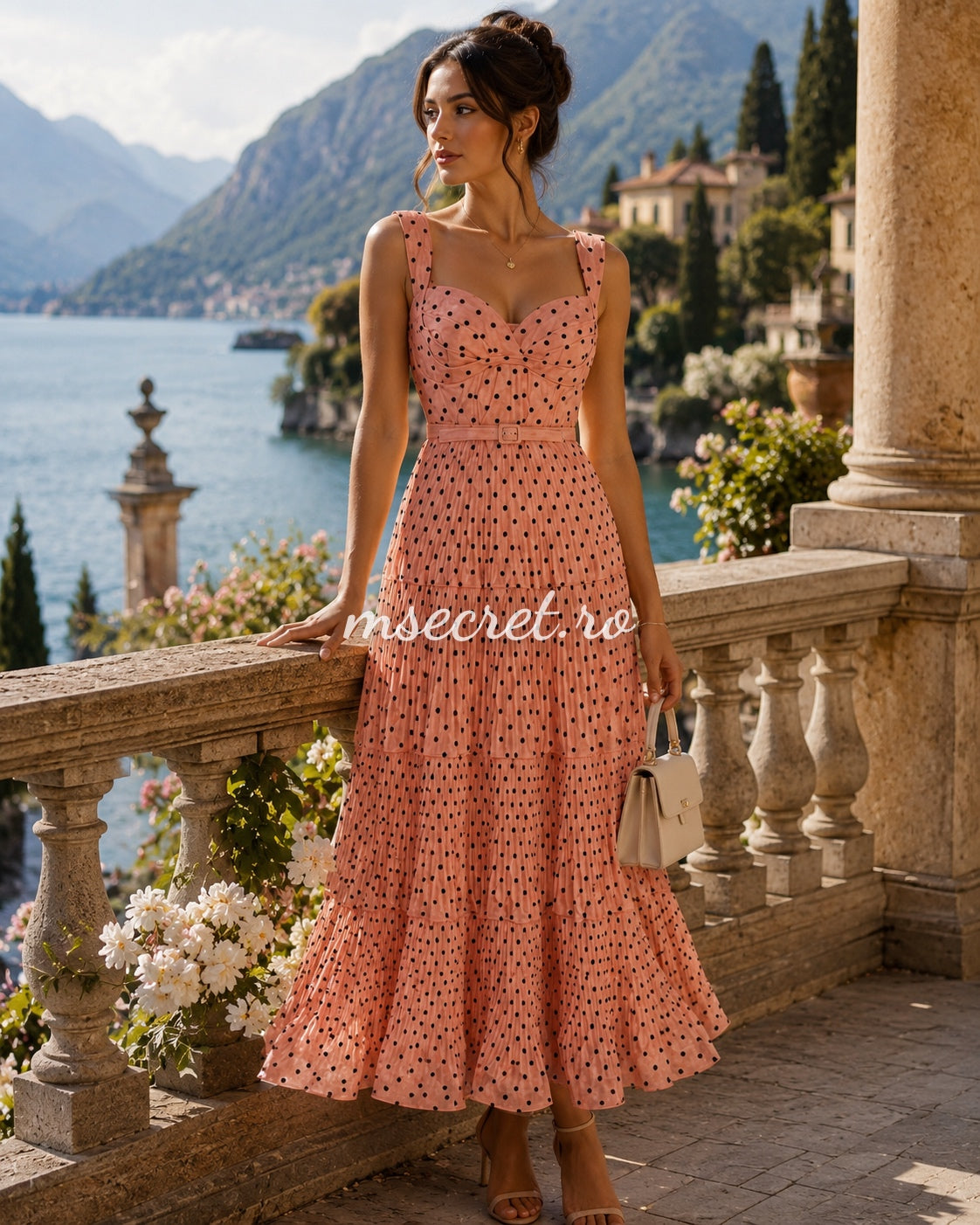 Rochie midi din in roz cu buline