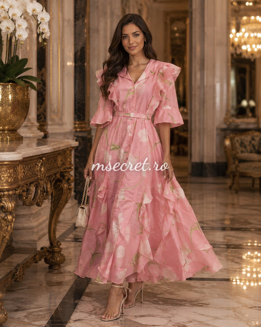 Rochie din in roz cu print floral si volane