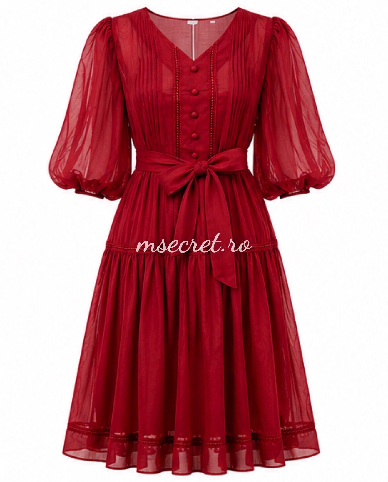 Rochie burgundy eleganta cu maneci bufante