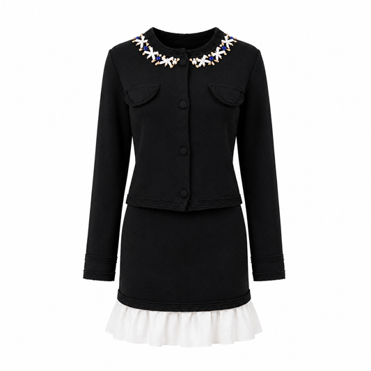 Compleu tricot negru cu aplicații bijuterie cu rochie si sacou