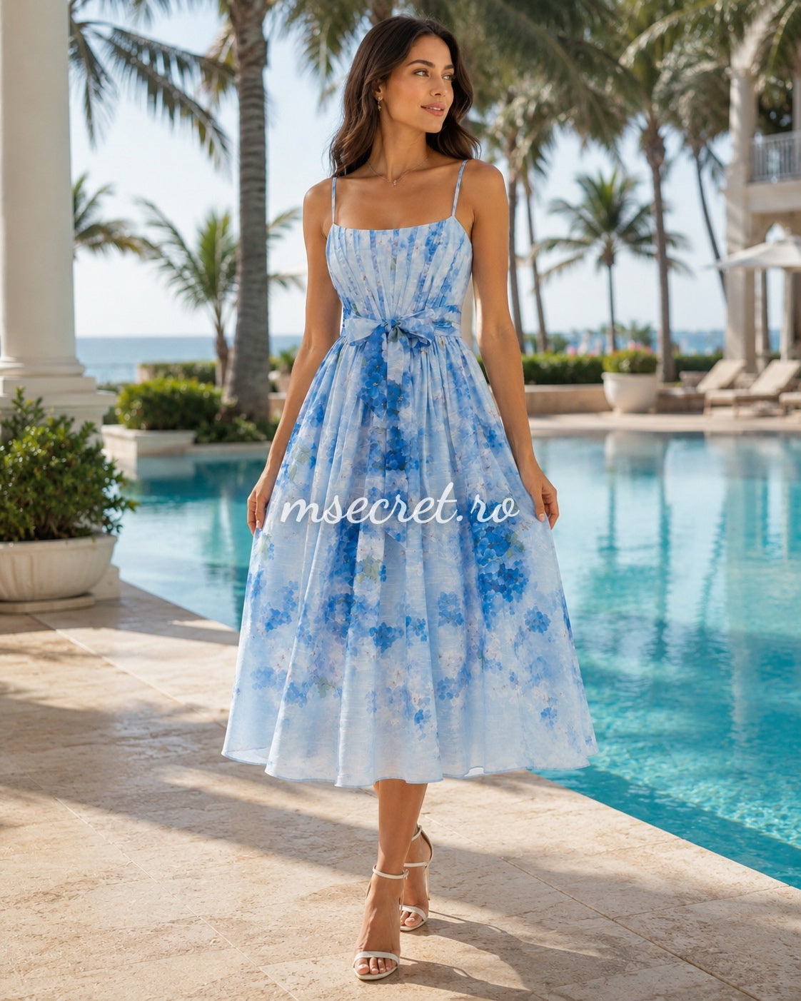 Rochie din in bleu cu imprimeu decorativ si cordon in talie