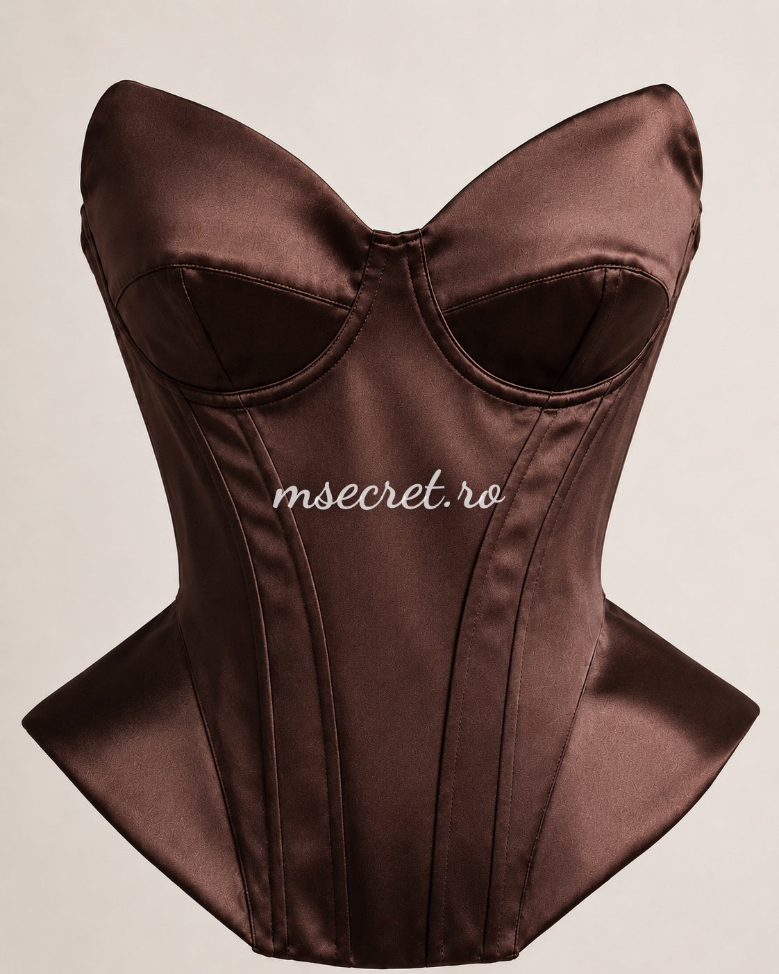 Brown satin corset with contoured cups and a sculptural design