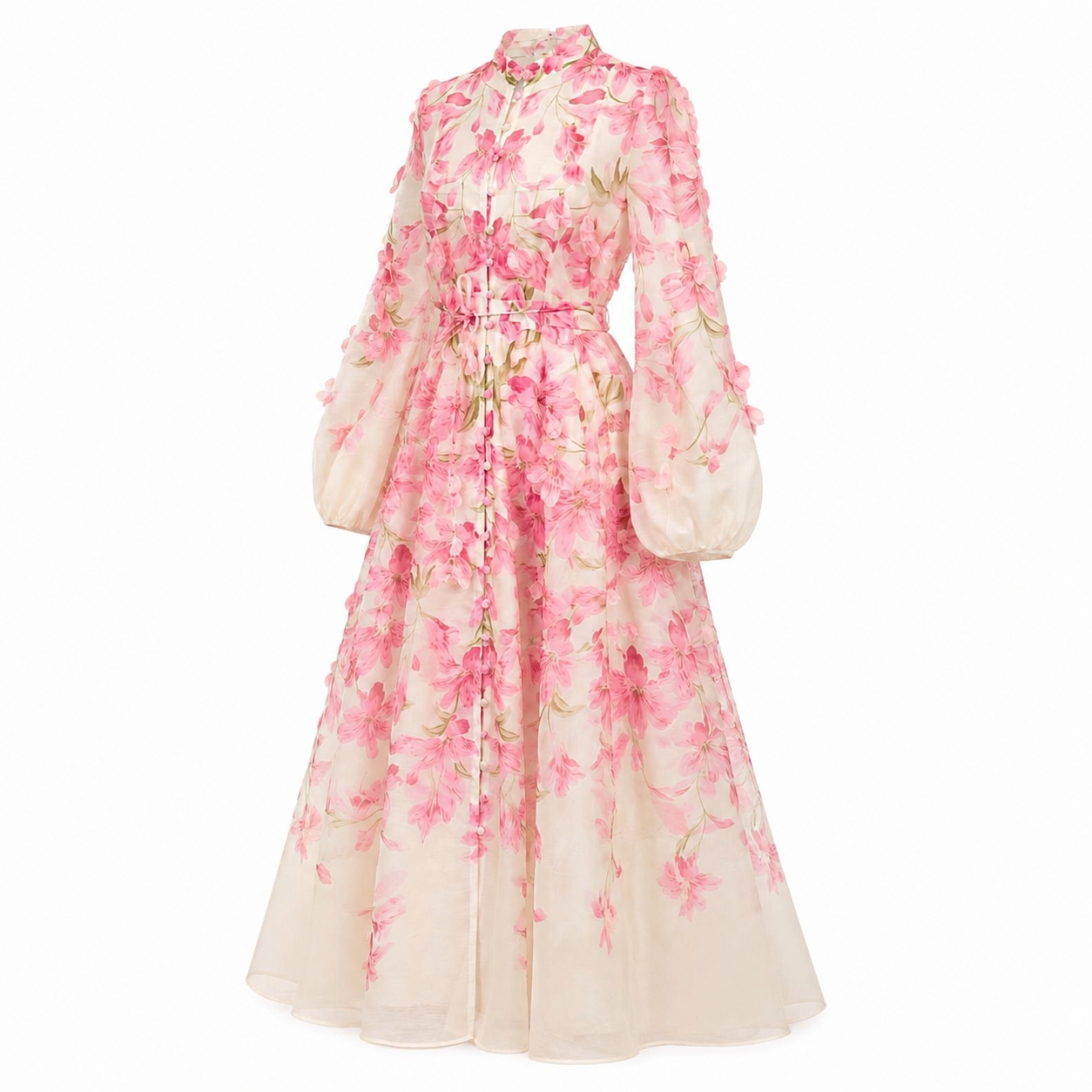 Rochie lungă roz din in cu imprimeu floral și aplicații 3D