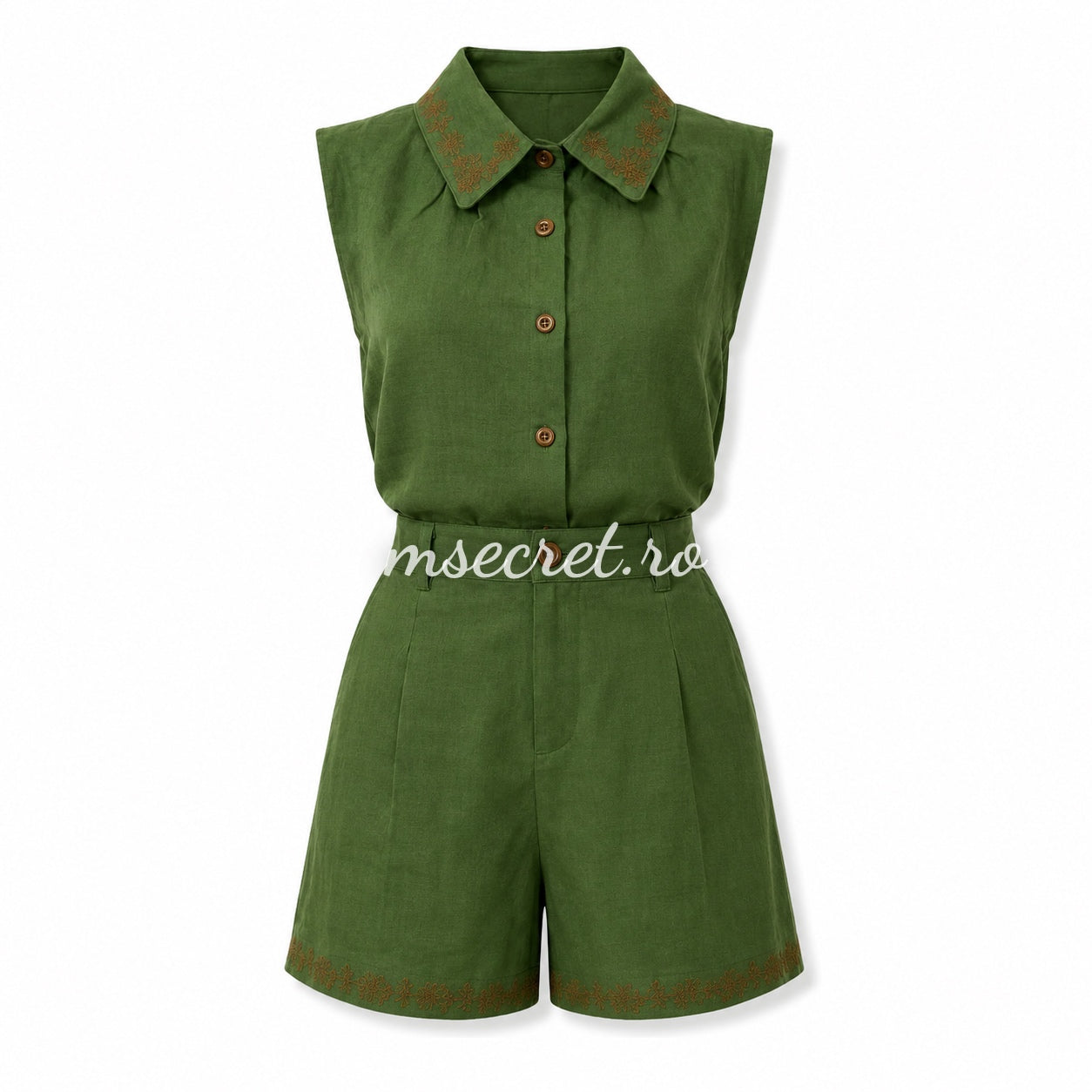 Compleu din in verde cu camasa si pantaloni scurti