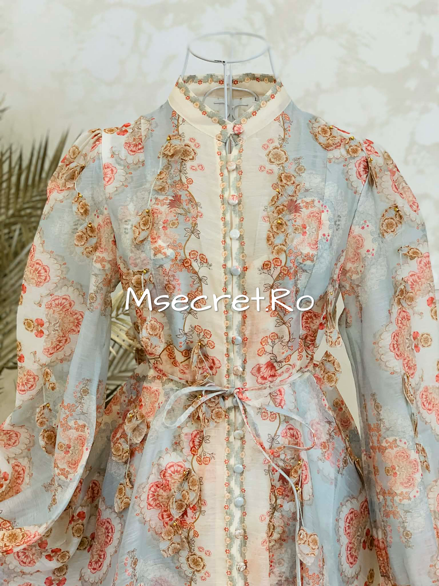 Long linen dress with floral print and appliqués