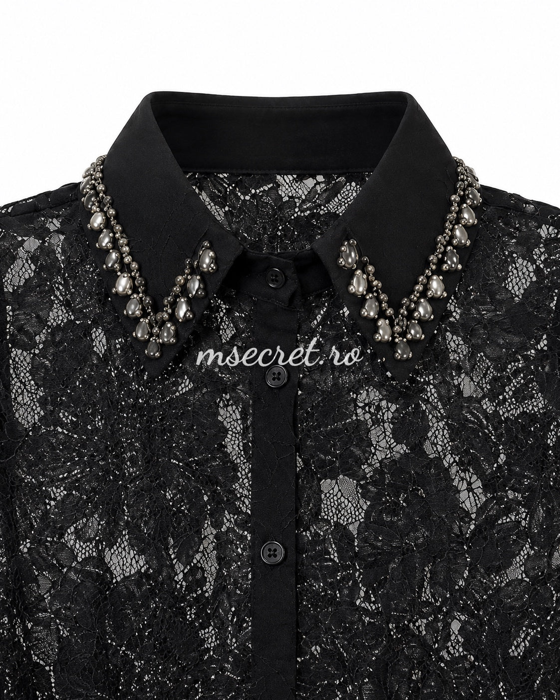 Camasa neagra din dantela cu guler accesorizat cu perle si pietre