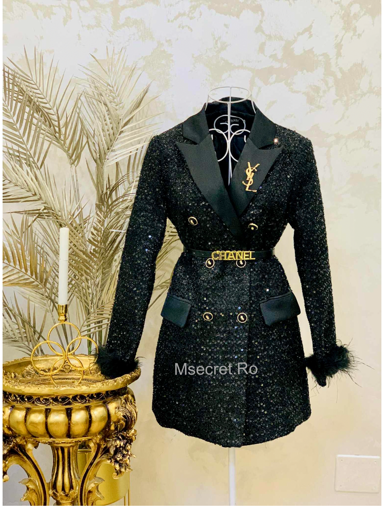 Black tweed dress with feathers