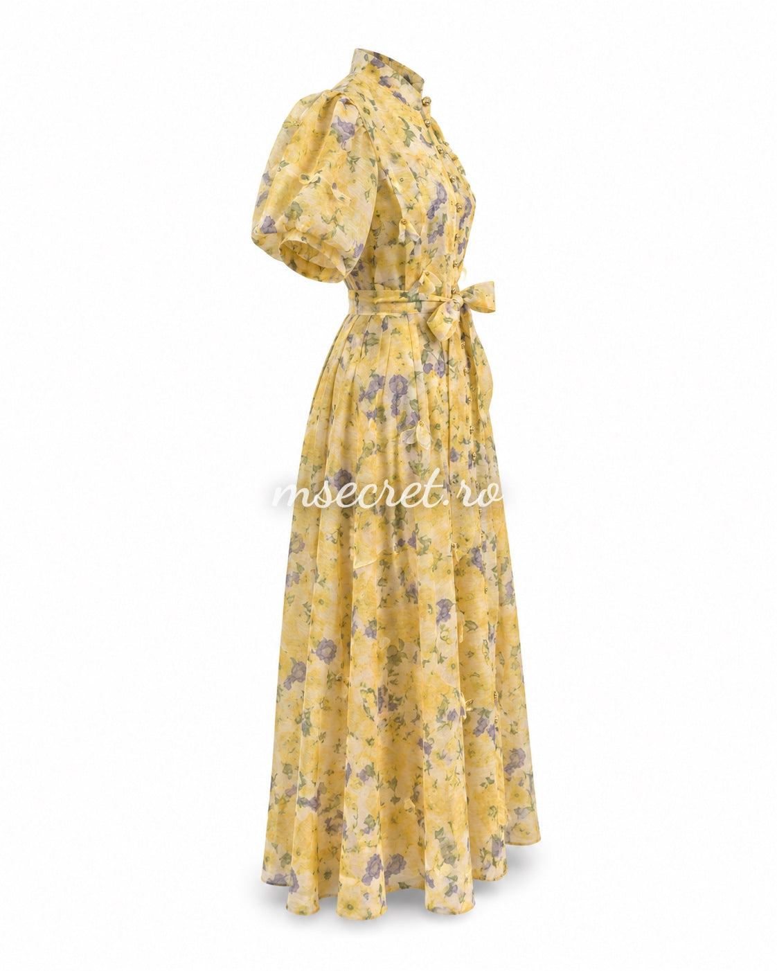 Rochie din in cu imprimeu floral galbena si maneci bufante