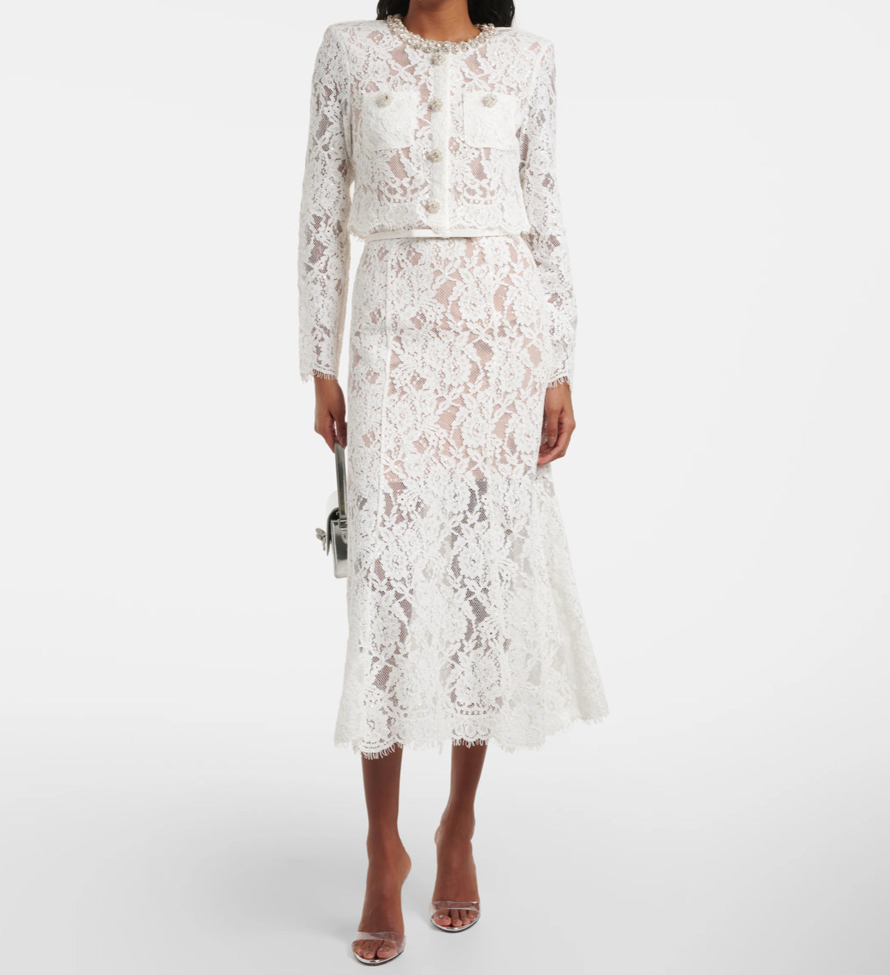 Compleu alb din dantelă cu nasturi bijuterie