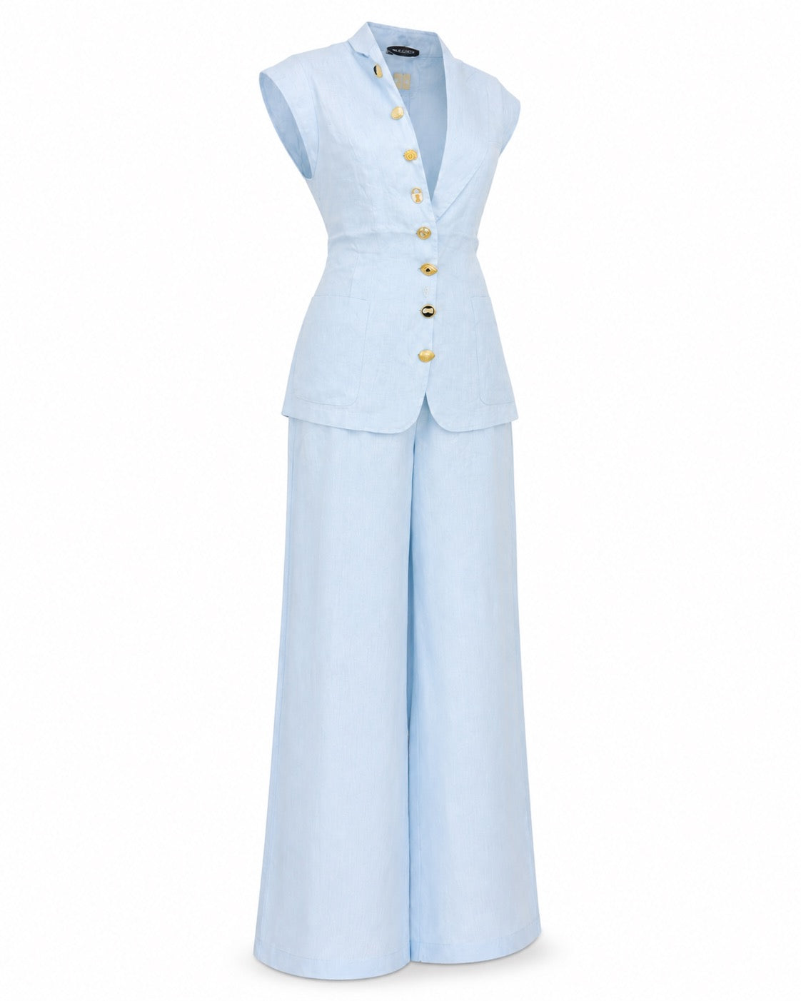 Compleu din in bleu cu vesta fara maneci si pantaloni palazzo