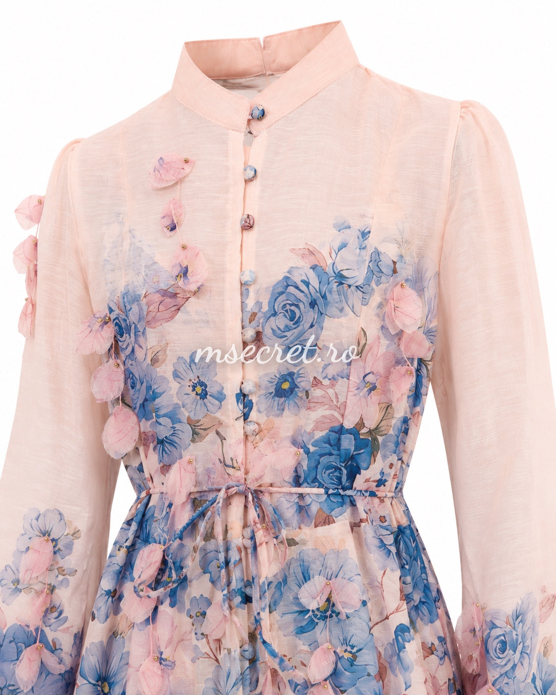 Long pink linen dress with floral print and 3D appliques