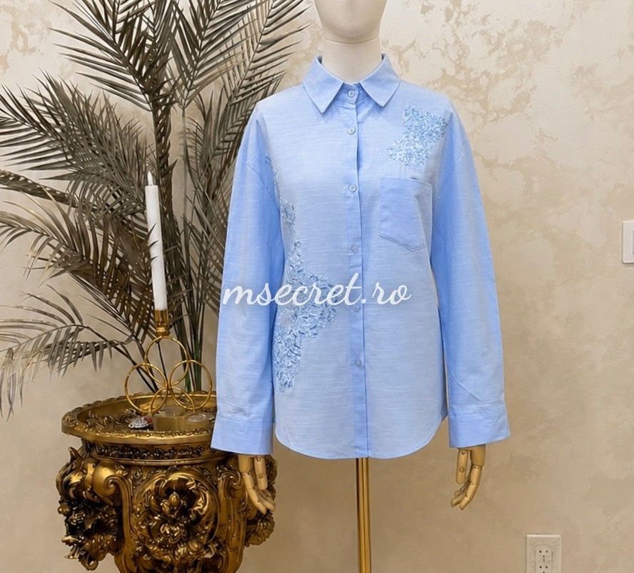 Compleu din in bleu cu broderie camasa si pantaloni largi