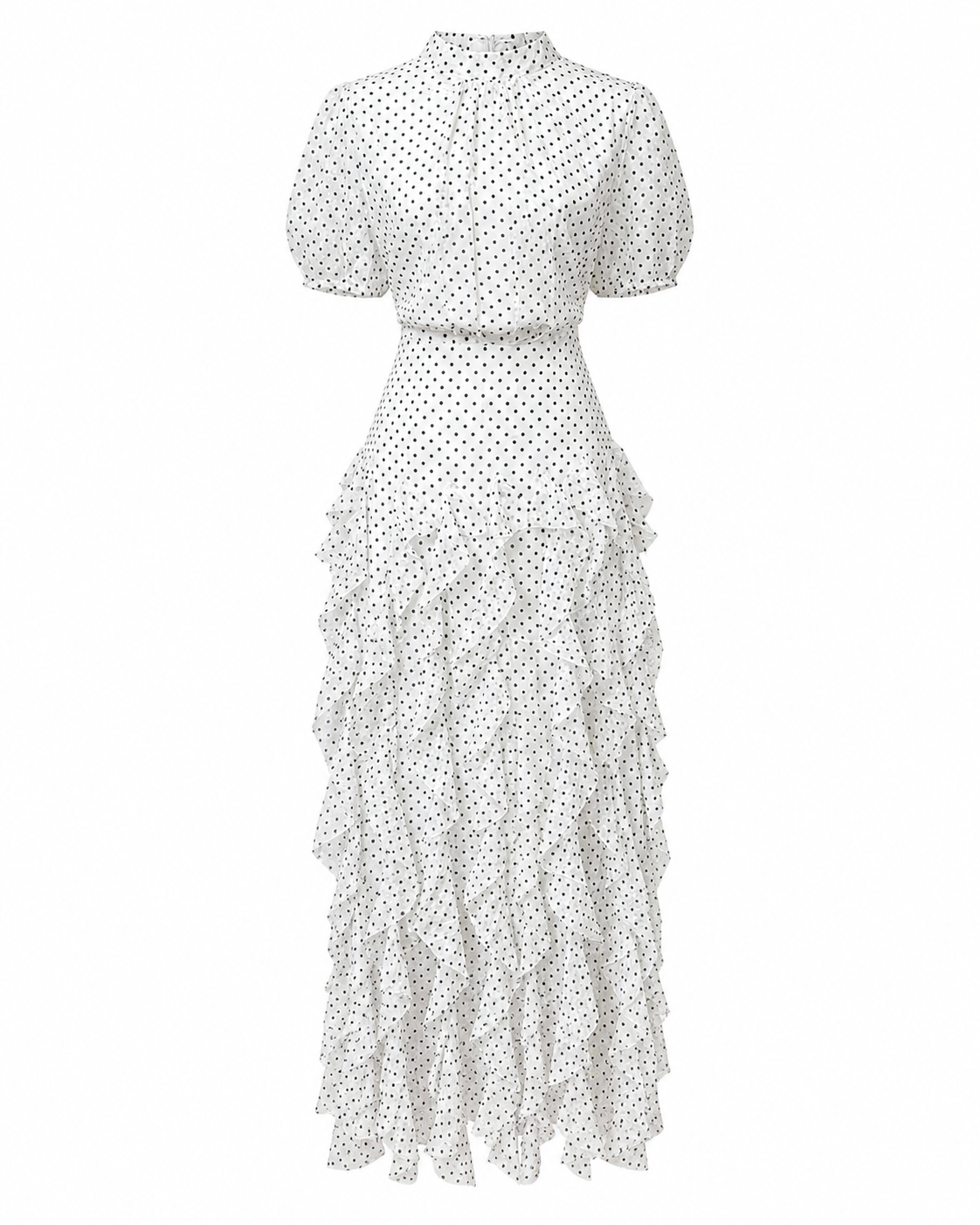 Rochie midi alba din voal cu buline si volane delicate