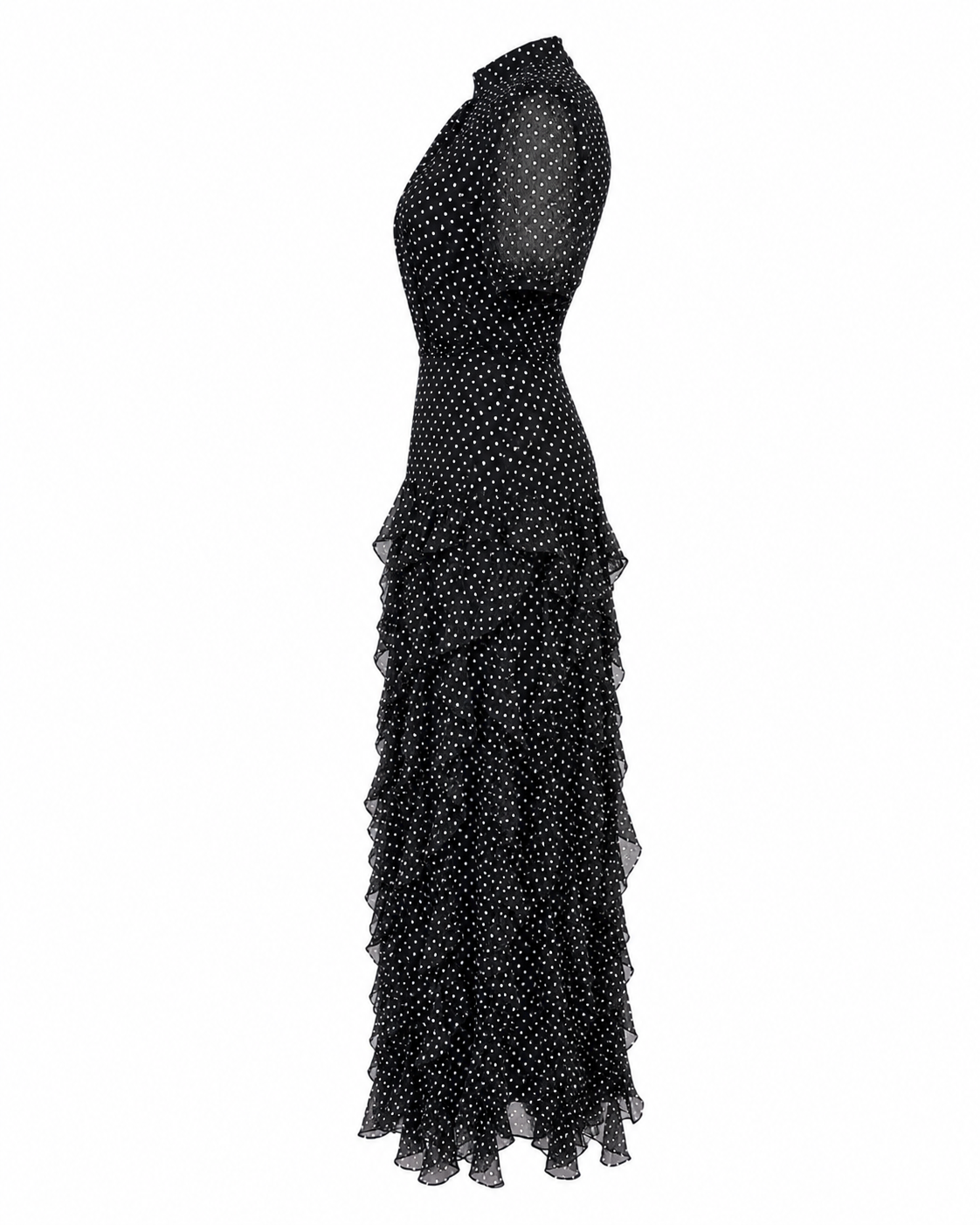 Rochie midi neagra din voal cu buline si volane delicate