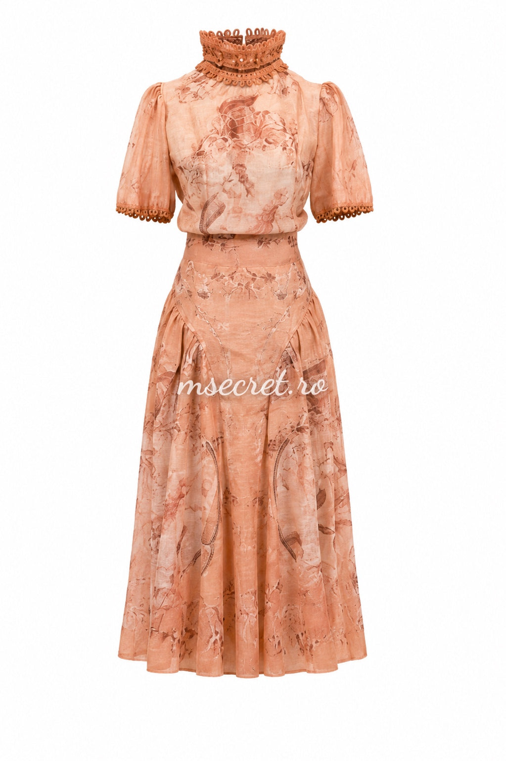Compleu din in somon cu print delicat si fusta midi