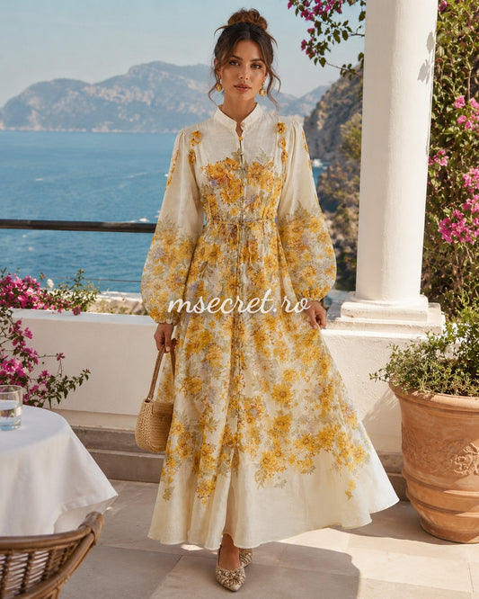 Rochie galbena din in cu imprimeu floral și aplicații 3D