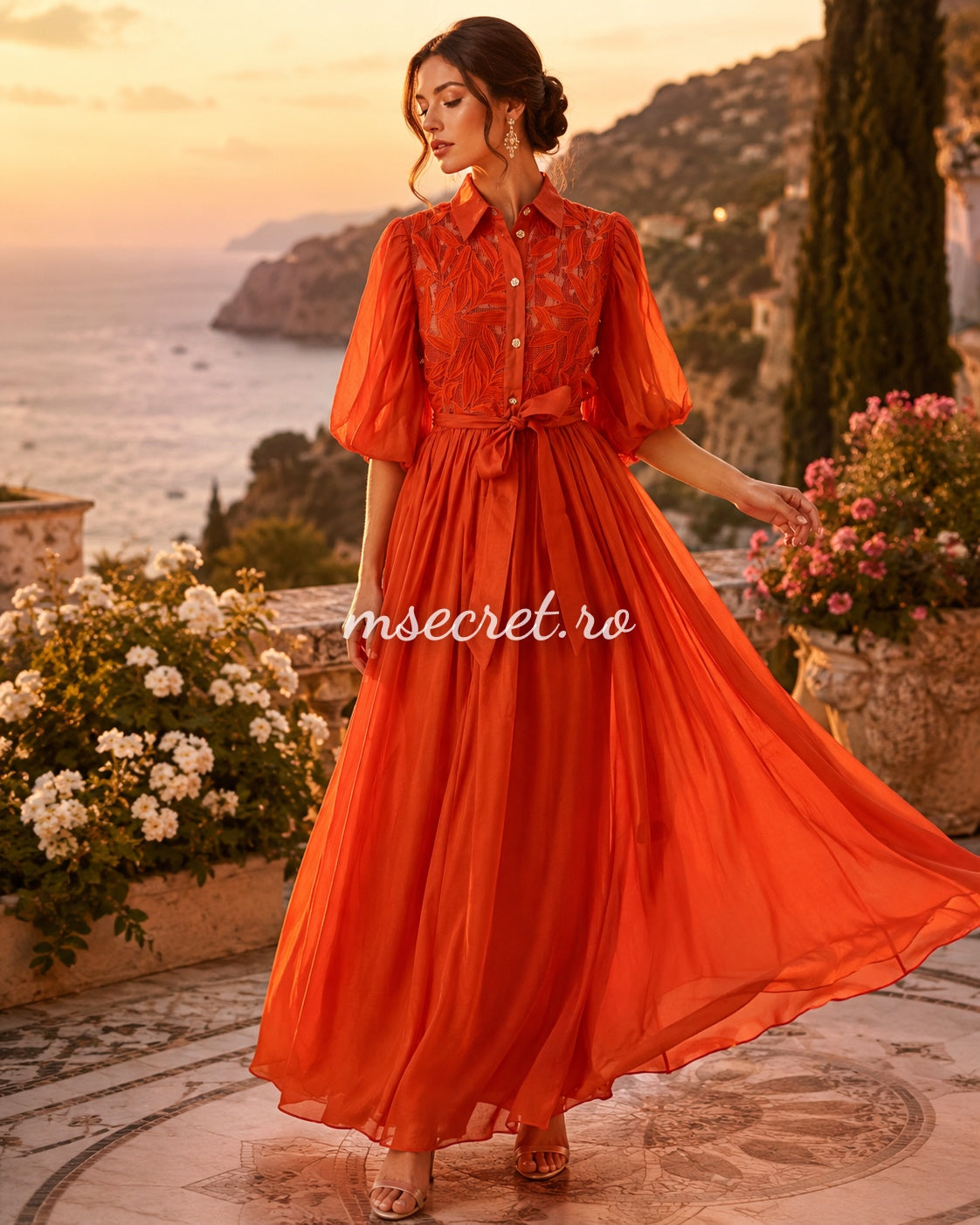 Elegant red chiffon dress with floral embroidery and puff sleeves