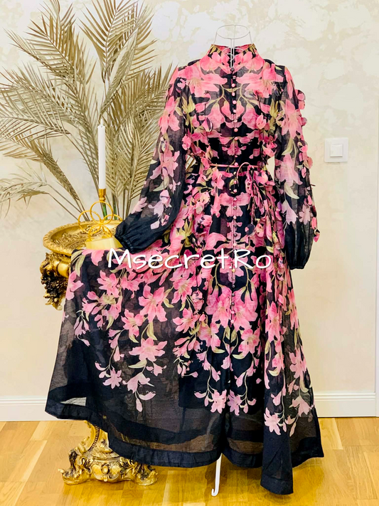 Rochie lungă din in cu imprimeu floral și aplicații 3D