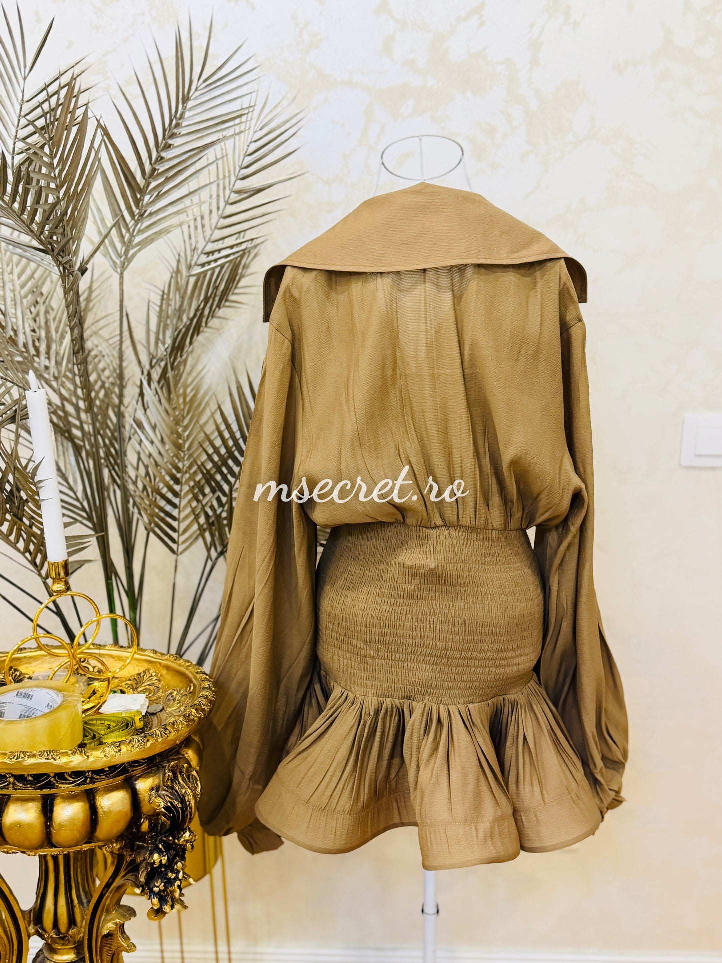 Cappuccino satin chiffon dress with a skirt and jacket-style top