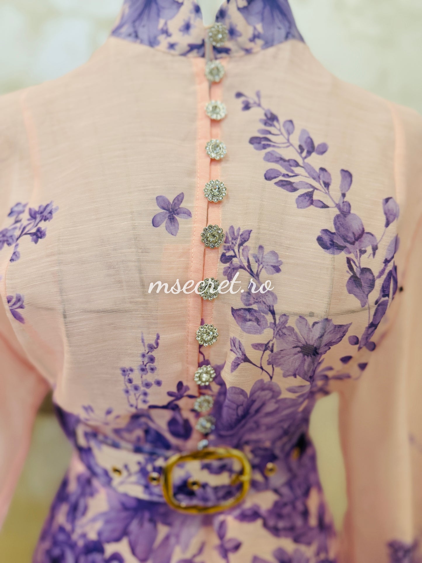 Powder pink linen dress with purple floral print