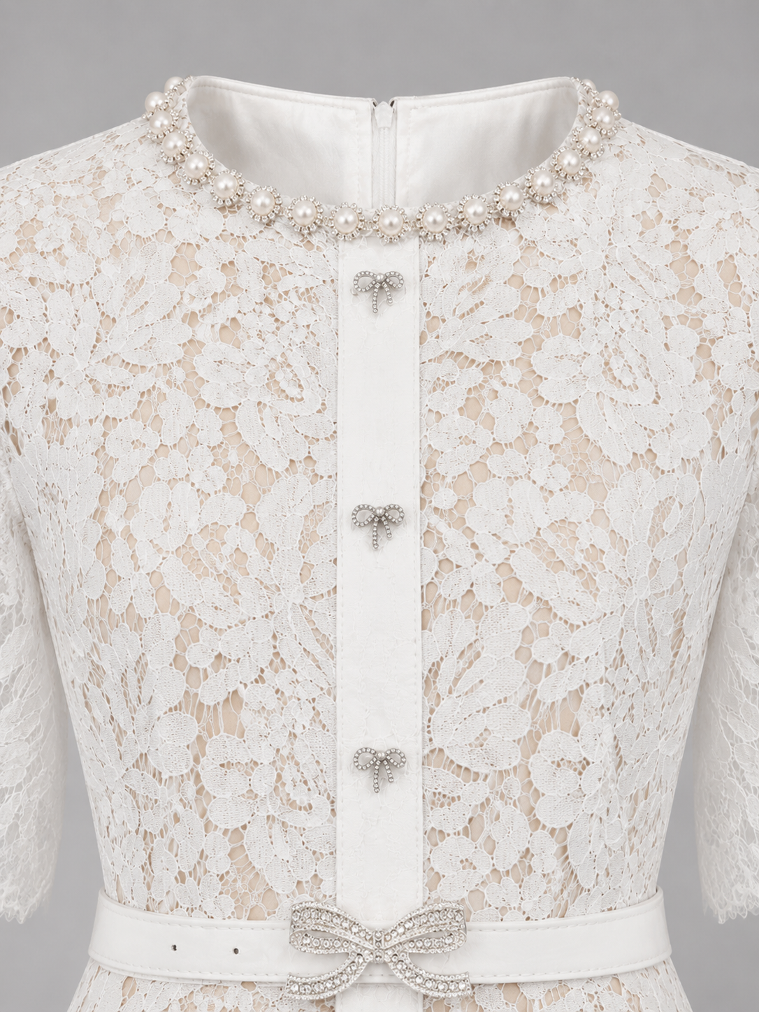 White lace dress with pearl details