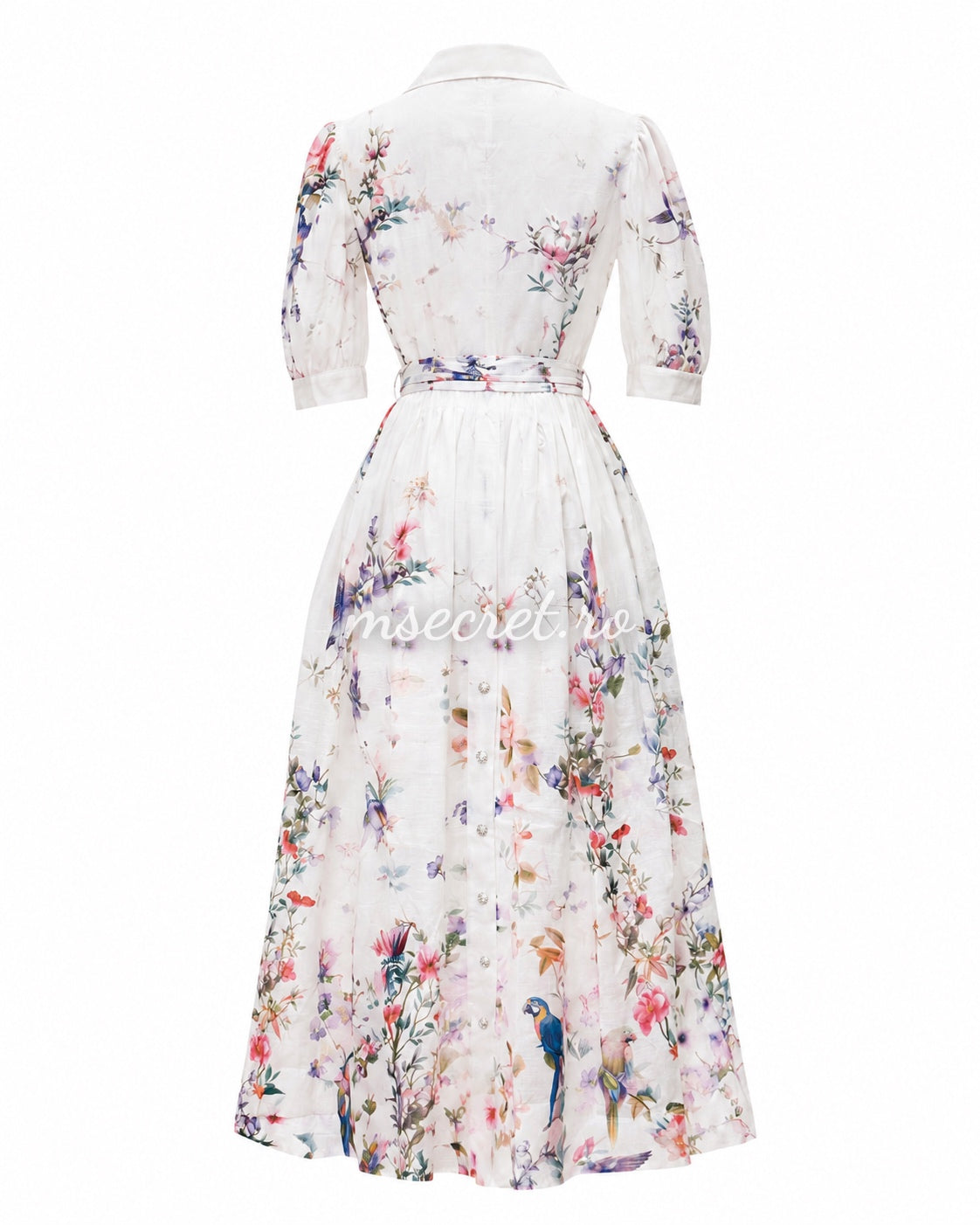 Rochie midi din in cu imprimeu floral si cordon tip esarfa
