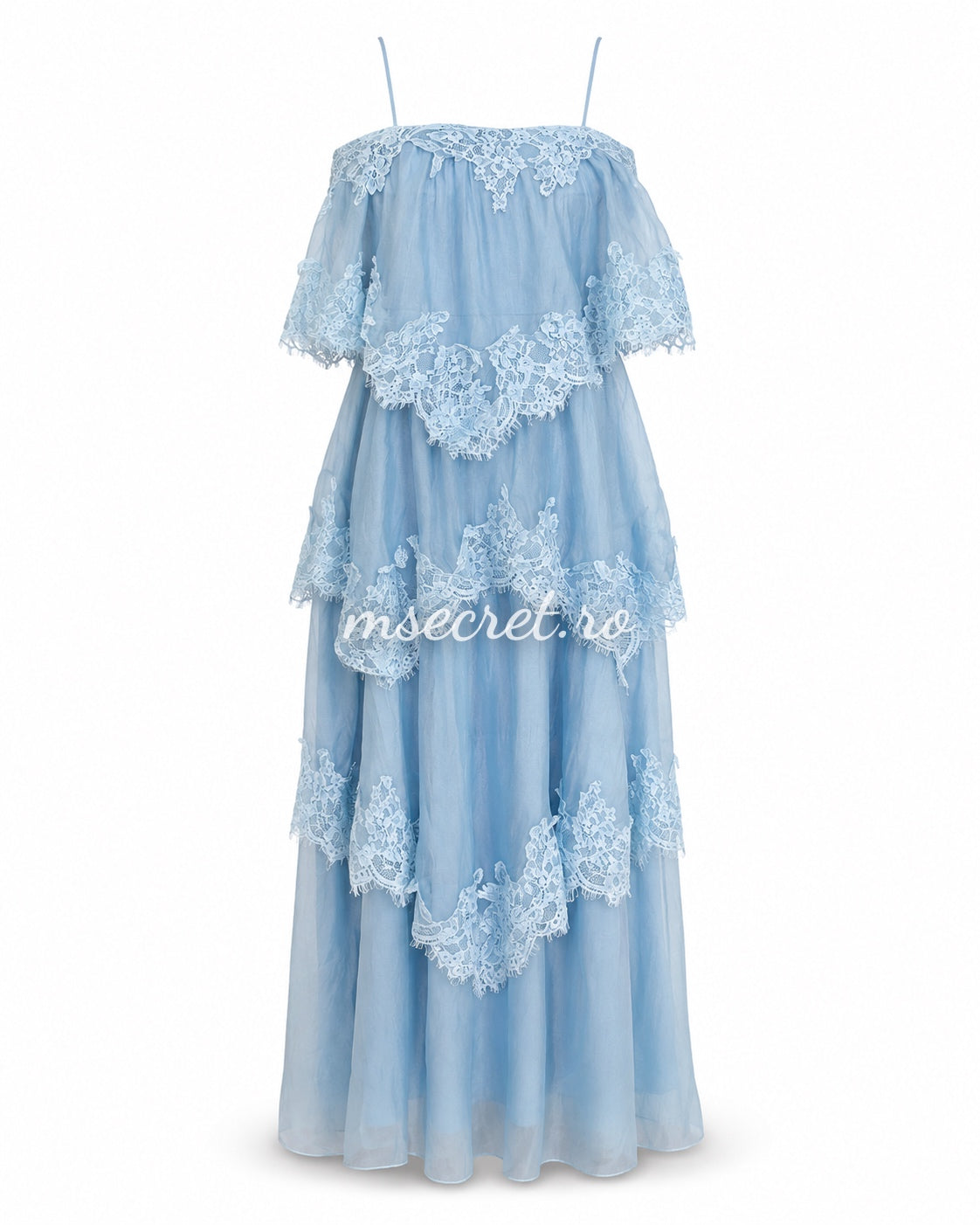 Rochie lunga blue cu volane si dantela romantica