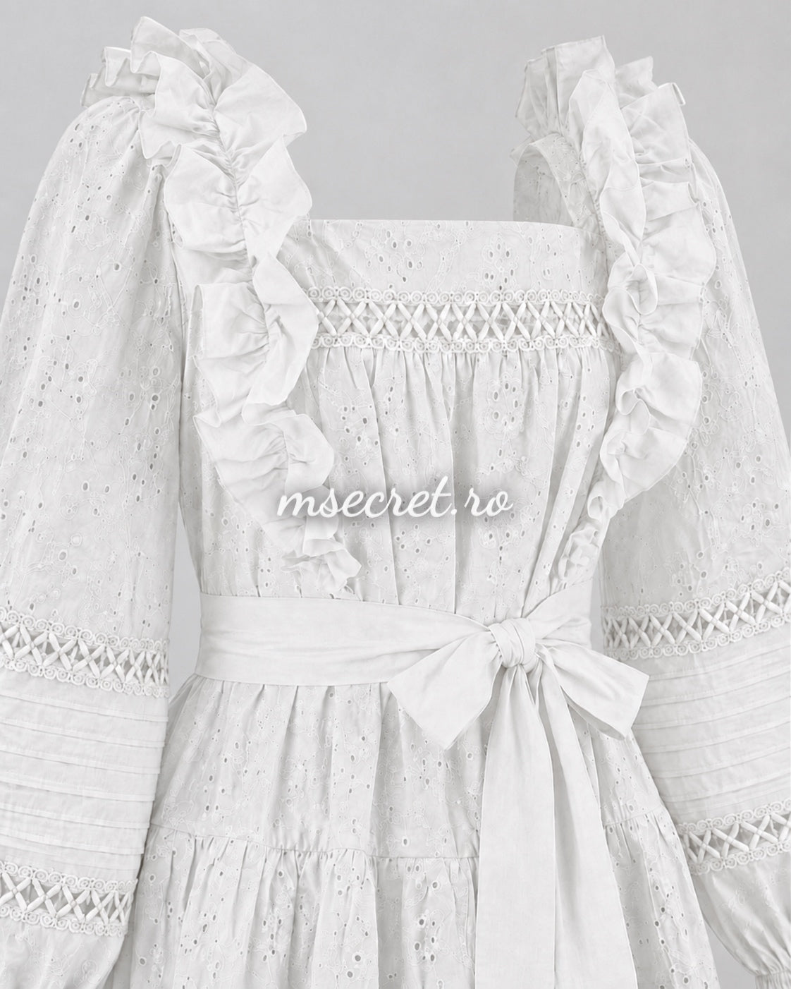 White linen and cotton dress with embroidery and ruffles