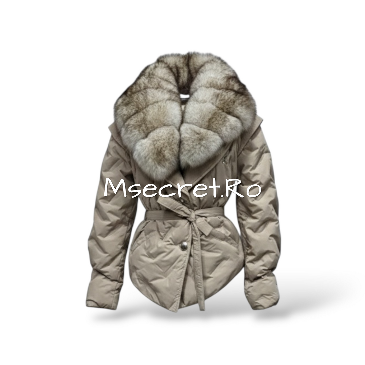 Geaca scurta bej imperbeabila cu blana naturala