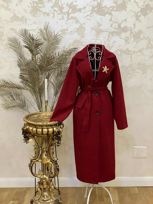 Palton burgundy cu talie reglabila