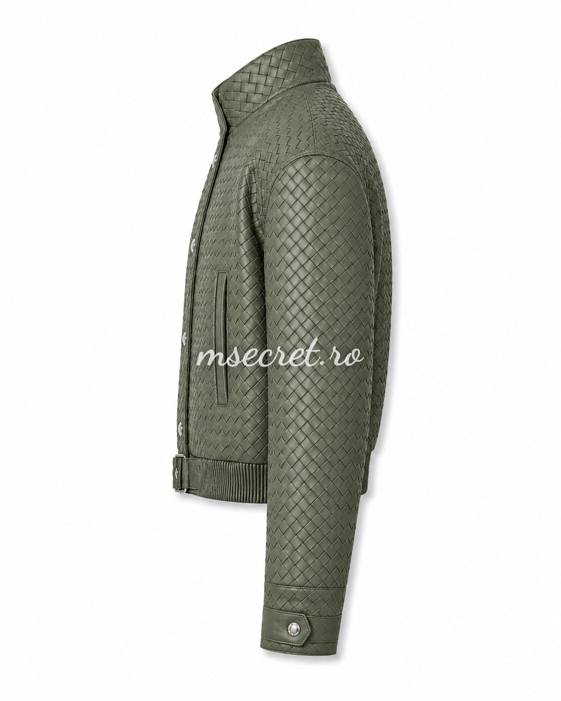 Geaca scurta din piele naturala olive cu textura impletita