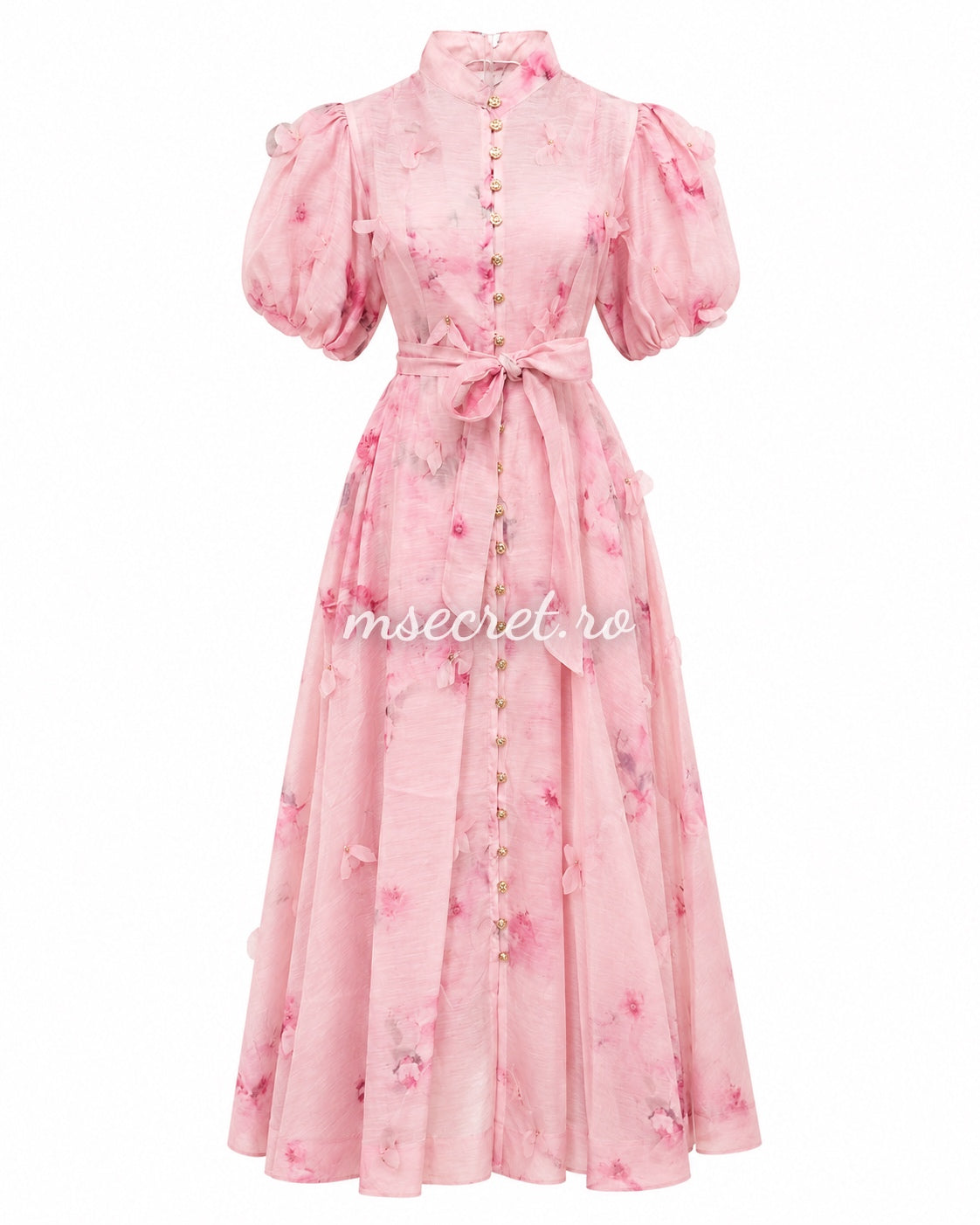 Rochie din in cu imprimeu floral roz si maneci bufante