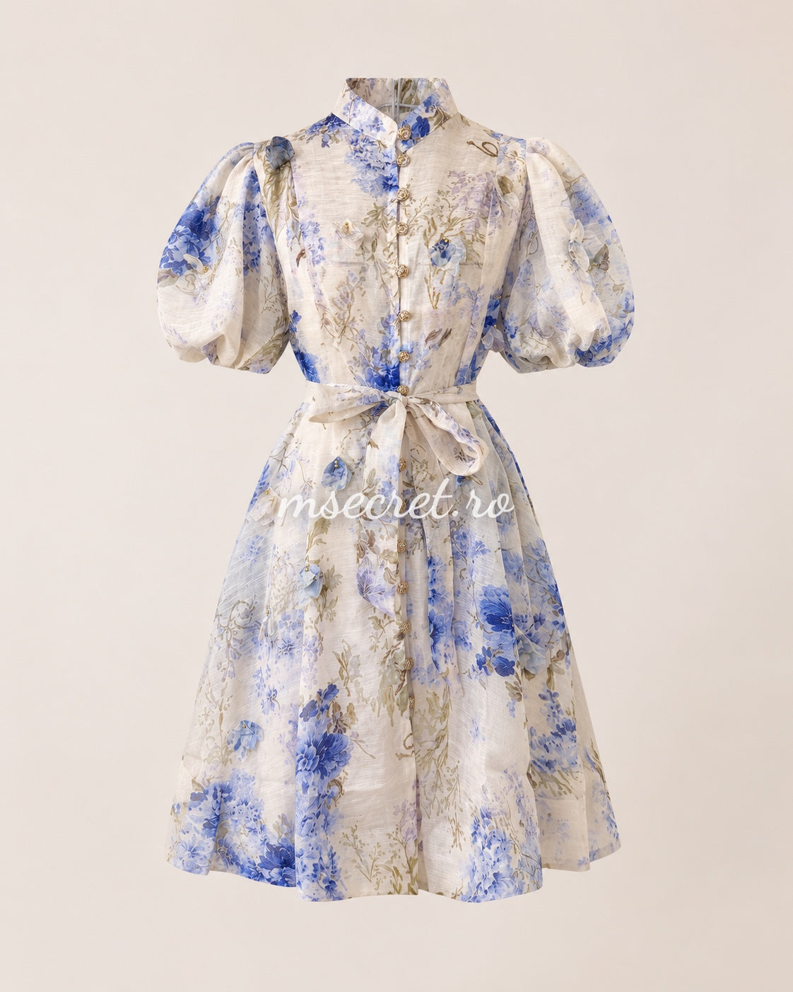 Rochie scurta blue din in cu aplocatii 3D