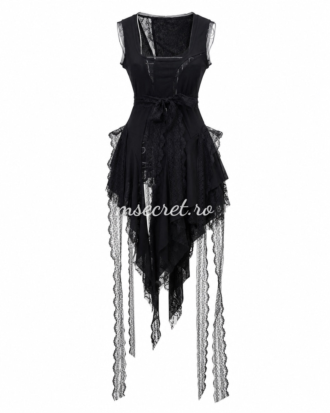 Tricou tip rochie negru asimetrica cu dantela si aplicatii tip panglici