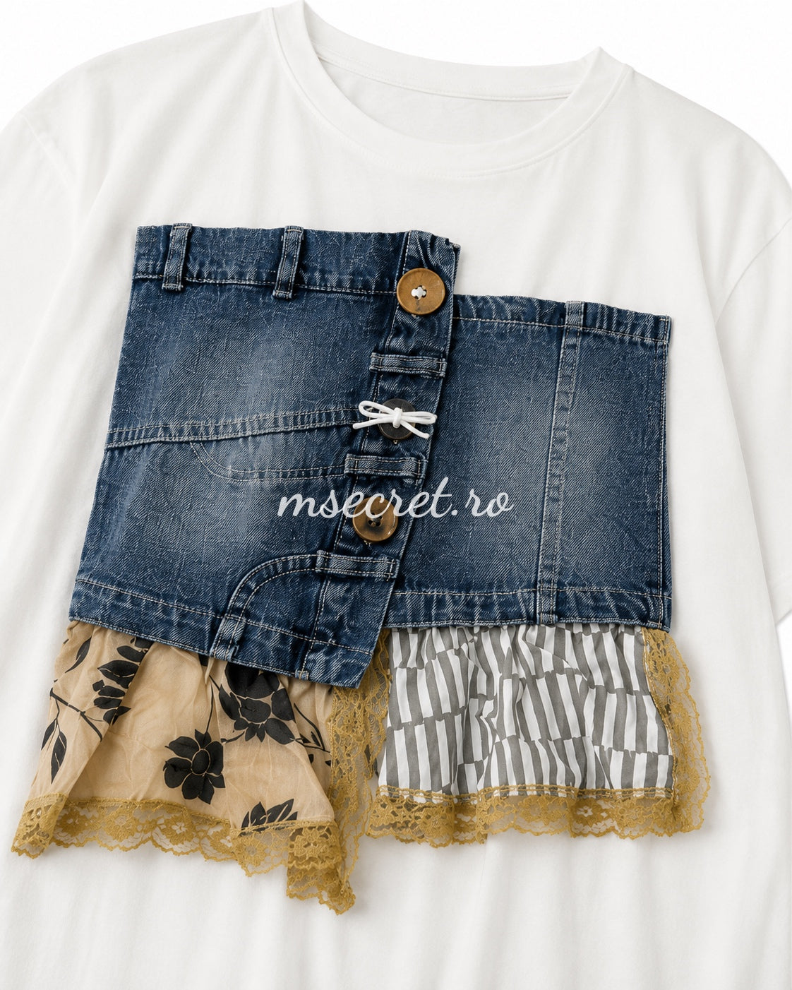 Rochie tip tricou cu denim si volane asimetrice