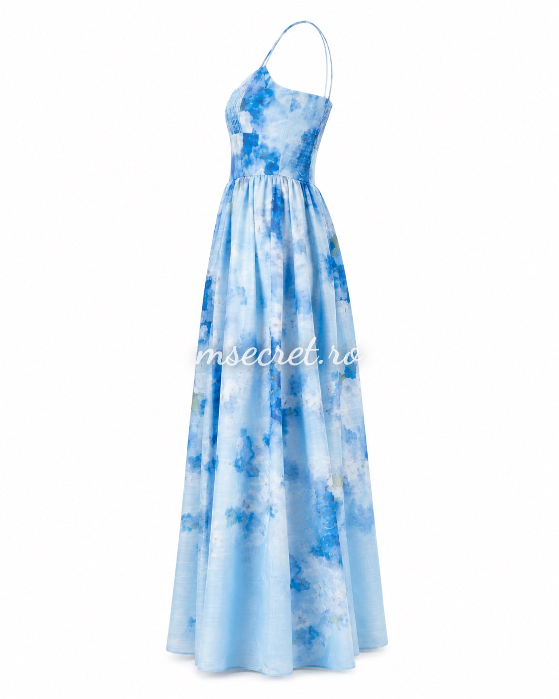 Rochie din in bleu cu imprimeu decorativ si cordon in talie