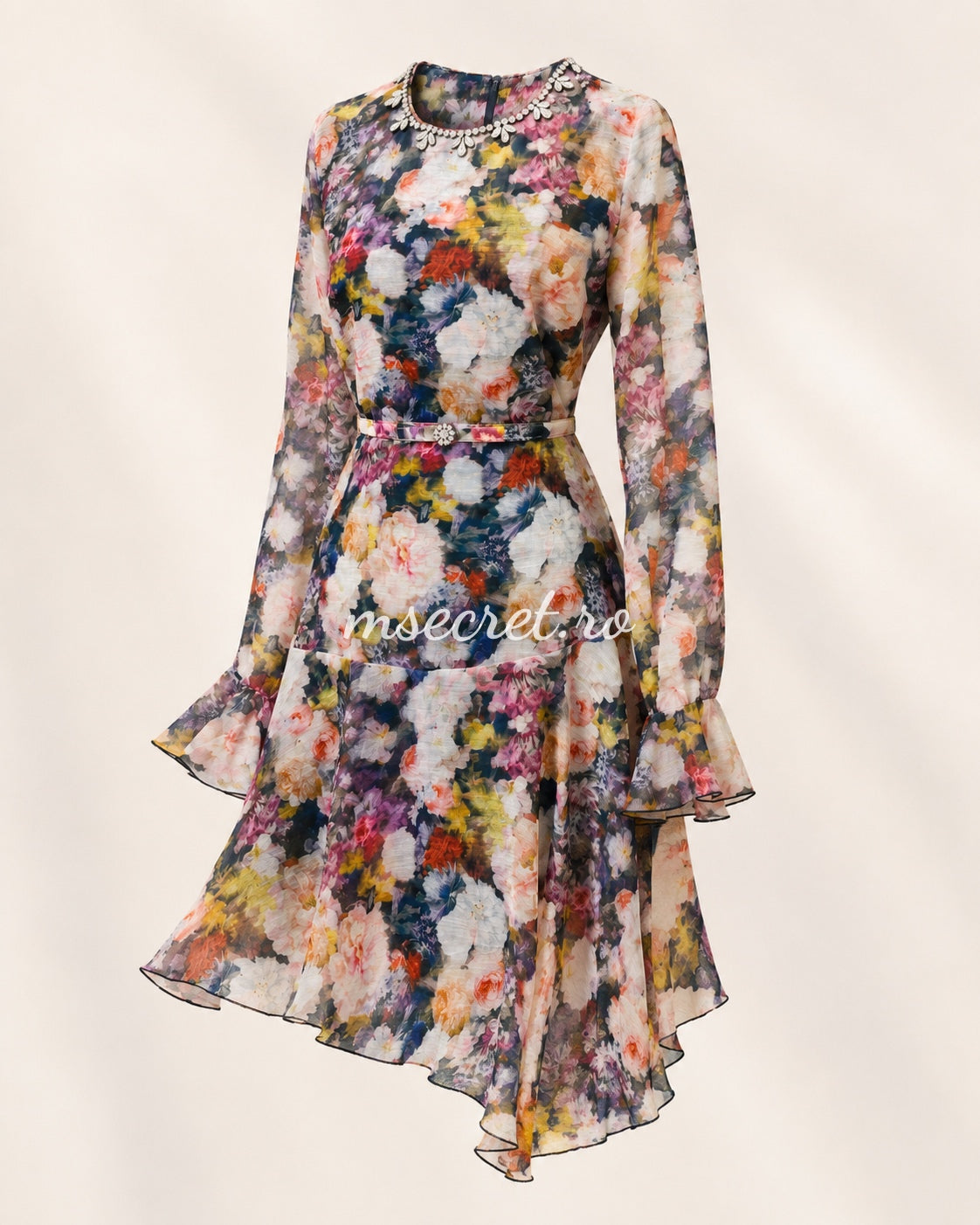 Rochie din in cu imprimeu floral si volane