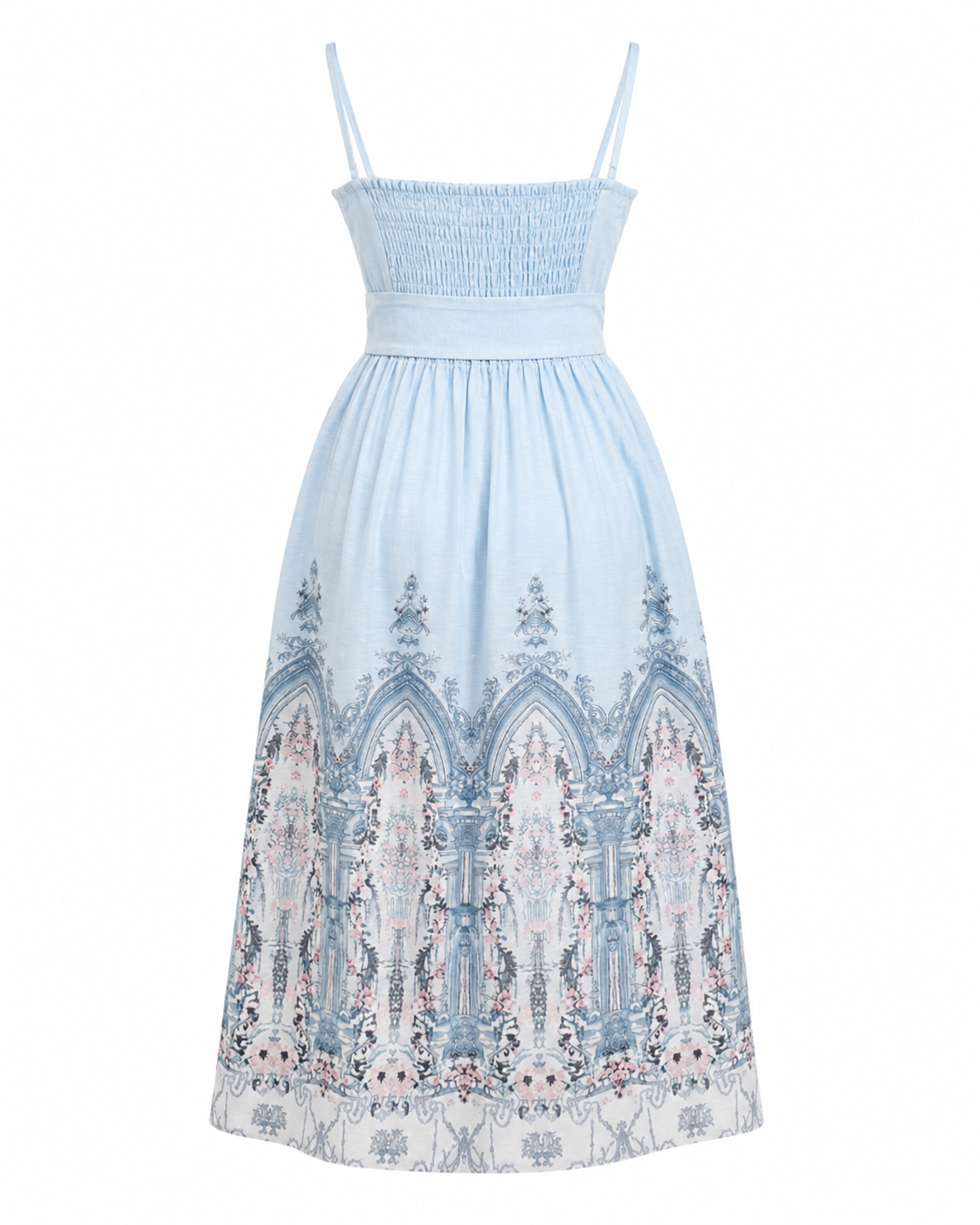 Rochie din in bleu cu imprimeu decorativ si cordon in talie