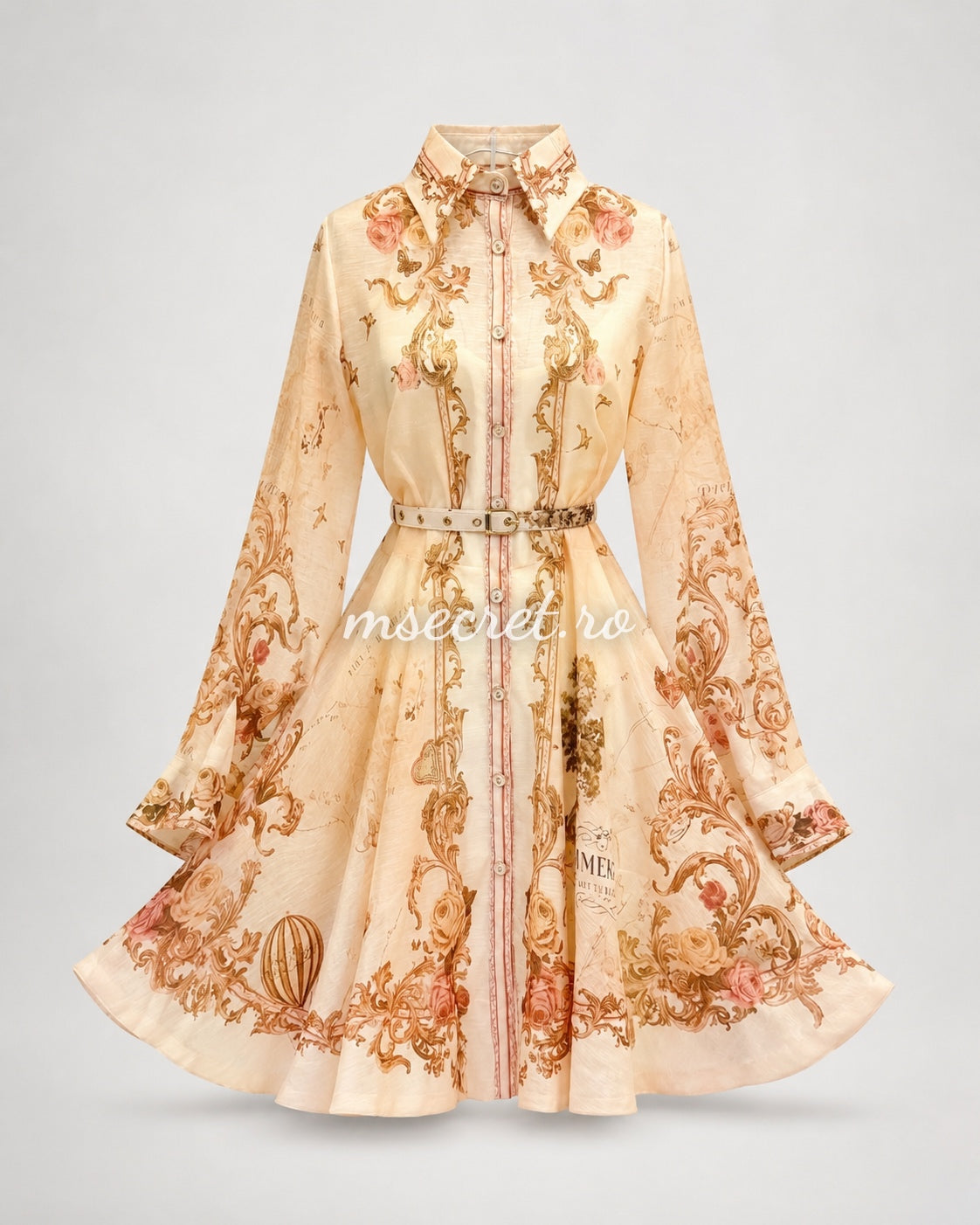 Rochie bej din in cu maneca lunga